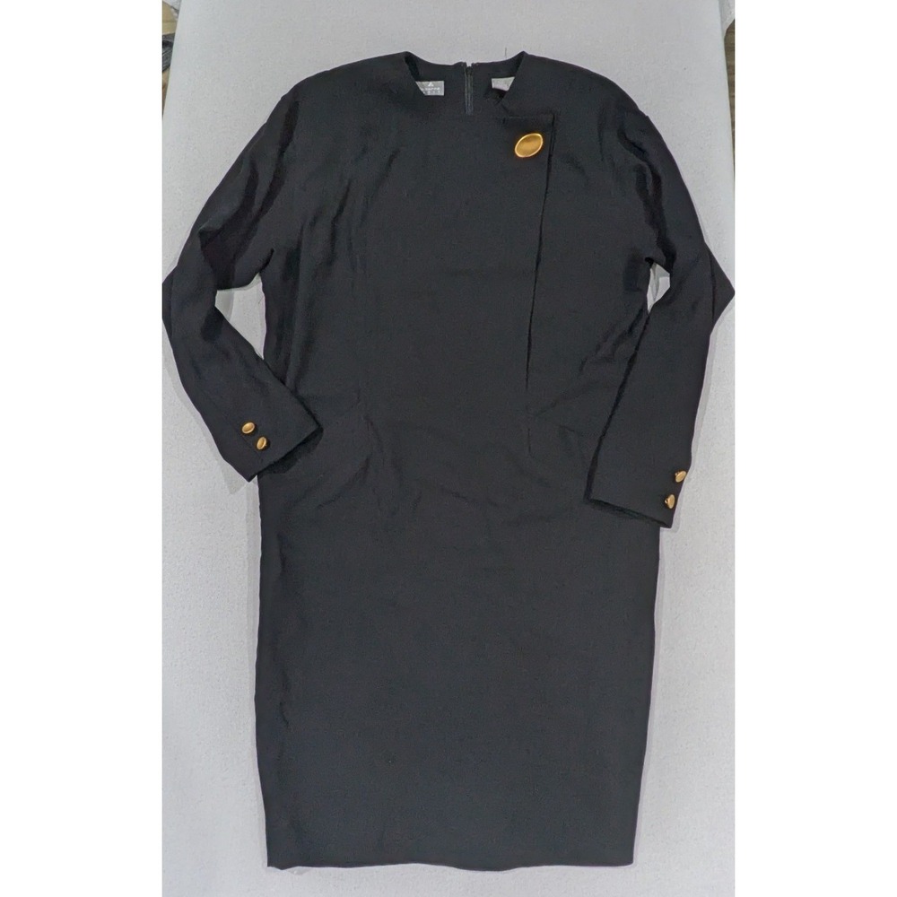 Liz Claiborne Dress Womens 6 Black Excellent Vintage Gold Button Shift LS
